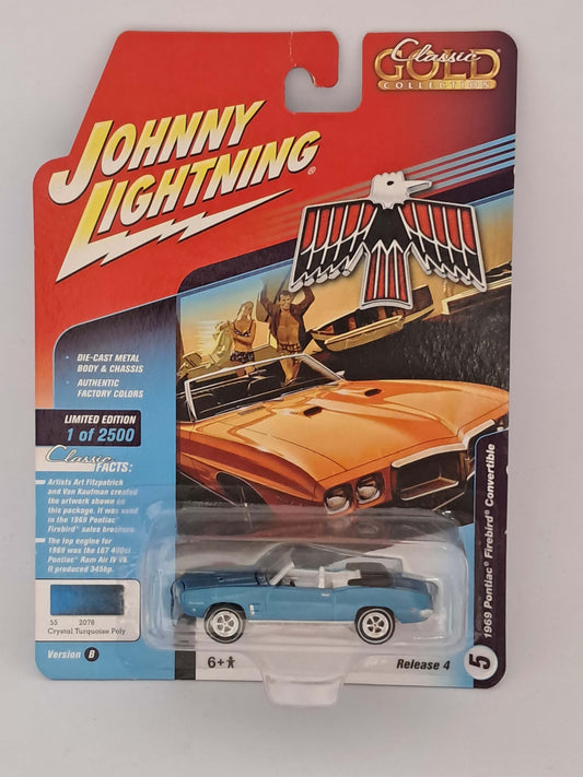 Crystal Turquoise Poly 1969 Pontiac Firebird Convertible - Classic Gold - Johnny Lightning
