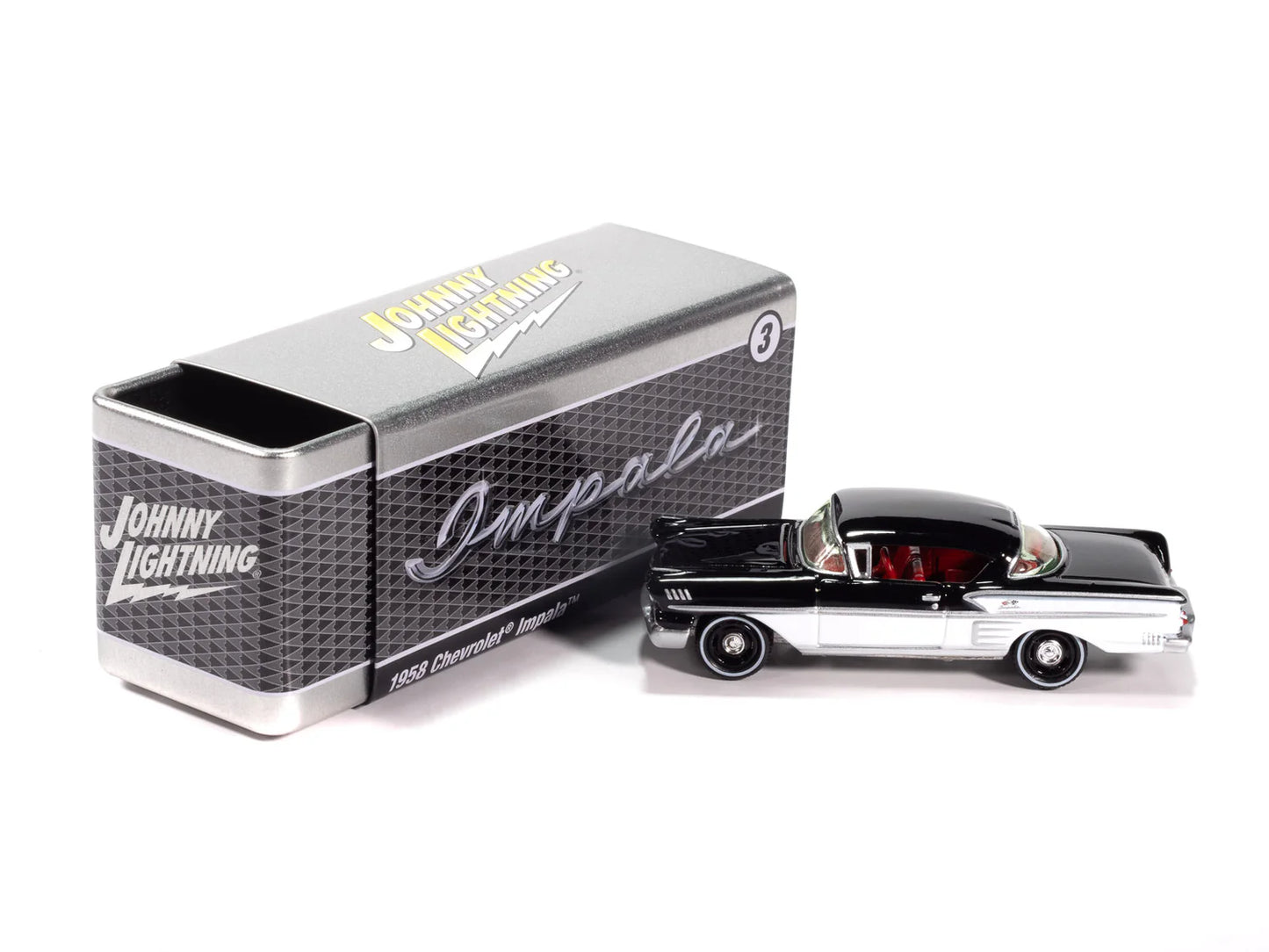 JLCT017 1958 Chevy Impala (Onyx Black w/ White Sides) with Collector Tin