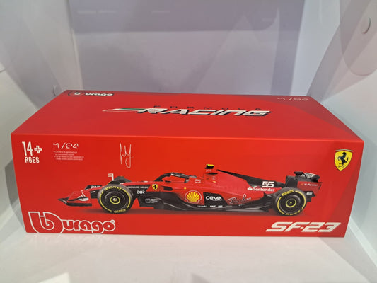 F1 Racing Ferrari SF-23 #55 2023 Carlos Sainz with Case - Burago 1:24